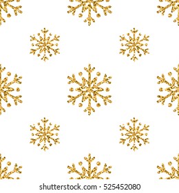 Christmas snowflake seamless pattern. Gold snow white background. Golden abstract shine wallpaper, wrapping texture. Symbol Merry Xmas holiday, Happy New Year celebration. Vector illustration