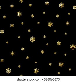 Christmas snowflake seamless pattern. Gold snow black background. Golden abstract wallpaper, wrapping texture. Symbol winter, Merry Xmas holiday, Happy New Year celebration. Vector illustration