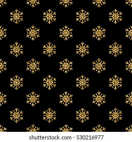 Christmas snowflake seamless pattern. Gold snow black background. Golden abstract shine wallpaper, wrapping texture. Symbol Merry Xmas holiday, Happy New Year celebration. Vector illustration