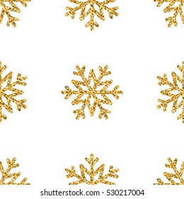 Christmas snowflake seamless pattern. Gold snow white background. Golden abstract shine wallpaper, wrapping texture. Symbol Merry Xmas holiday, Happy New Year celebration. Vector illustration