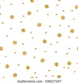 Christmas snowflake seamless pattern. Gold snow white background. Golden abstract shine wallpaper, wrapping texture. Symbol Merry Xmas holiday, Happy New Year celebration. Vector illustration