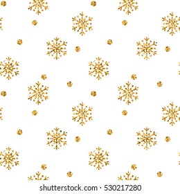 Christmas snowflake seamless pattern. Gold snow white background. Golden abstract shine wallpaper, wrapping texture. Symbol Merry Xmas holiday, Happy New Year celebration. Vector illustration