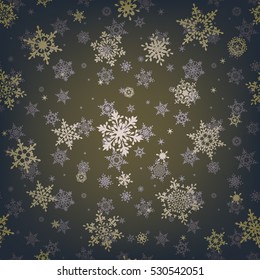 Christmas snowflake seamless pattern. Gold snow white background. Golden abstract shine wallpaper, wrapping texture. Symbol Merry Xmas holiday, Happy New Year celebration. EPS 10 vector file included