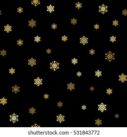 Christmas snowflake seamless pattern. Gold snow black background. Golden abstract wallpaper, wrapping texture. Symbol winter, Merry Xmas holiday, Happy New Year celebration. Vector illustration