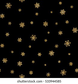 Christmas snowflake seamless pattern. Gold snow black background. Golden abstract shine wallpaper, wrapping texture. Symbol Merry Xmas holiday, Happy New Year celebration. Vector illustration