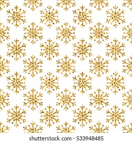 Christmas snowflake seamless pattern. Gold snow white background. Golden abstract shine wallpaper, wrapping texture. Symbol Merry Xmas holiday, Happy New Year celebration. Vector illustration