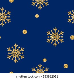 Christmas snowflake seamless pattern. Gold snow on blue background. Golden abstract wallpaper, wrapping texture. Symbol winter, Merry Xmas holiday, Happy New Year celebration. Vector illustration