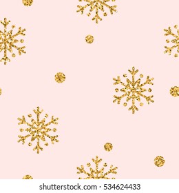 Christmas snowflake seamless pattern. Gold snow on pink background. Golden abstract wallpaper, wrapping texture. Symbol winter, Merry Xmas holiday, Happy New Year celebration. Vector illustration