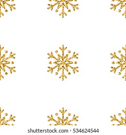 Christmas snowflake seamless pattern. Gold snow white background. Golden abstract shine wallpaper, wrapping texture. Symbol Merry Xmas holiday, Happy New Year celebration. Vector illustration