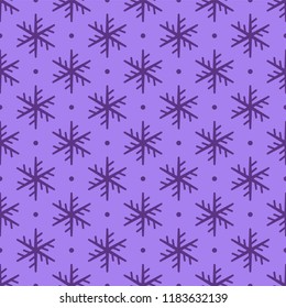 Christmas snowflake seamless pattern. Lilac abstract wallpaper, wrapping texture. Holiday design for Christmas and New Year fashion prints. Vector icons of winter holidays, cold season snowfall.