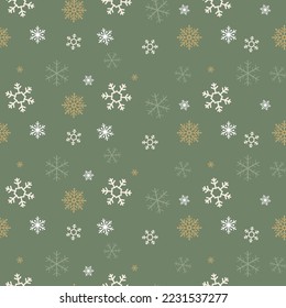 Christmas snowflake seamless pattern on sage green color background