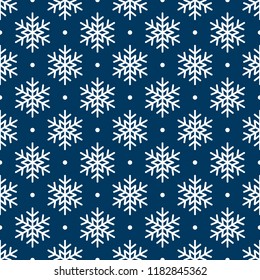 Christmas snowflake seamless pattern. White snow on blue background. Wrapping texture. Holiday design for Christmas and New Year fashion prints. Vector icons of winter holidays, cold season snowfall.