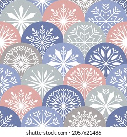 Christmas snowflake seamless surface pattern. Winter background in Scandinavian colors. Vector seamless scallop pattern.  Snowflakes texture for Christmas and New Year fabric or wrapping paper.