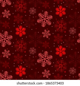 Christmas snowflake seamless vector pattern, red print for fabric and wrapping paper, winter holidays