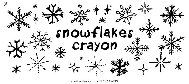 Christmas snowflake set with wax, black crayon or charcoal texture. Quirky chalkboard style, perfect for kindergarten Xmas crafts, cards and holiday designs. Vector illustration drawn as if by a child