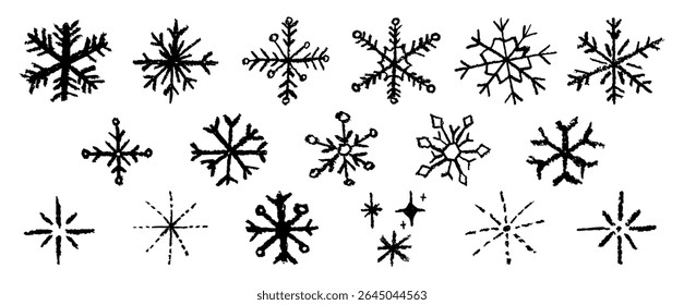 Christmas snowflake set with wax black crayon or charcoal texture. Quirky chalkboard style, perfect for kindergarten Xmas crafts, cards and holiday designs. Vector illustration drawn as if by a child