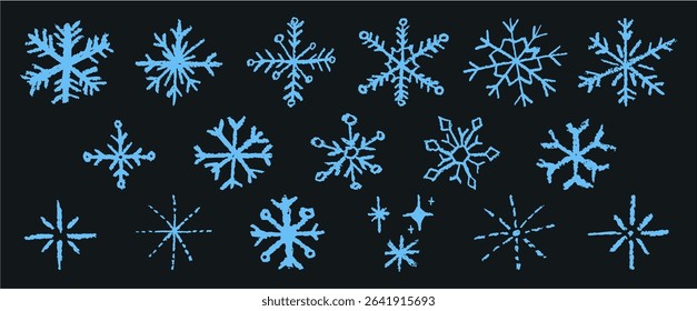 Christmas snowflake set with wax blue crayon or charcoal texture. Quirky chalkboard style, perfect for kindergarten Xmas crafts, cards and holiday designs. Vector illustration drawn as if by a child