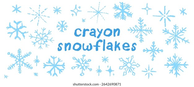 Christmas snowflake set with wax, blue crayon or charcoal texture. Quirky chalkboard style, perfect for kindergarten Xmas crafts, cards and holiday designs. Vector illustration drawn as if by a child