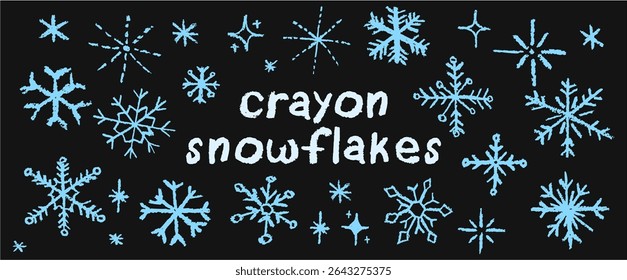 Christmas snowflake set with wax, blue crayon or charcoal texture. Quirky chalkboard style, perfect for kindergarten Xmas crafts, cards and holiday designs. Vector illustration drawn as if by a child