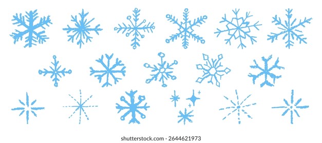 Christmas snowflake set with wax blue crayon or charcoal texture. Quirky chalkboard style, perfect for kindergarten Xmas crafts, cards and holiday designs. Vector illustration drawn as if by a child
