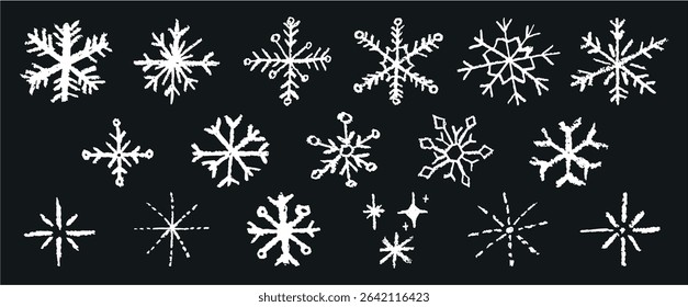 Christmas snowflake set with wax white crayon or charcoal texture. Quirky chalkboard style, perfect for kindergarten Xmas crafts, cards and holiday designs. Vector illustration drawn as if by a child