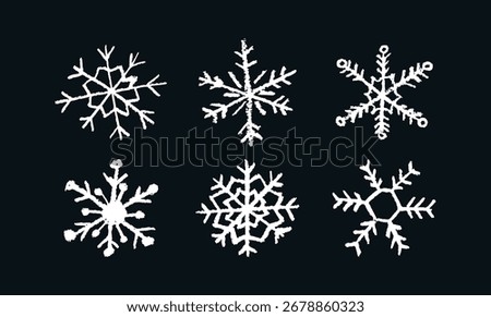 Christmas snowflake set with wax white crayon or charcoal texture. Quirky chalkboard style, perfect for kindergarten Xmas crafts, cards and holiday designs. Vector illustration drawn as if by a child