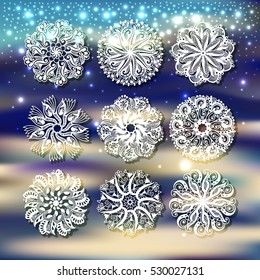 christmas snowflake with a shadow decoration set on snow background, circle lace round ornamental geometric winter pattern collection, vector illustration eps10