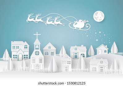 Hoi​day, Christmas, Paper​ cut​ style.​ Santa​ claus​ and​ deers​ are​ running​ and​ flying​ on​ the​ sky.Have​ snowflake, town home​ and​ moon​ on background.