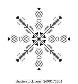Christmas snowflake vector black icon with cute heart shapes. Simple winter flat snow sign isolated on white background. New year snowy ornament for Christmas banner, new year card.