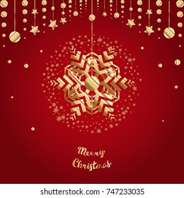 Christmas snowflake vector icon on red background. Gold snow logo. Winter symbol for xmas design