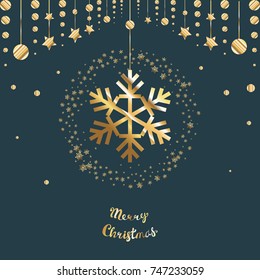 Christmas snowflake vector icon on dark background. Gold snow logo. Winter symbol for xmas design
