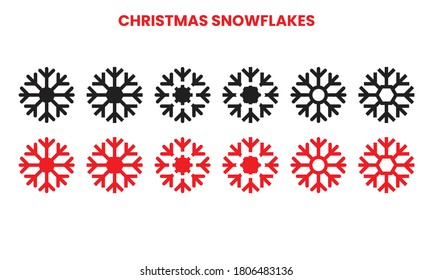 Navidad Snowflake conjunto de invierno de silueta de icono aislado negro y rojo sobre fondo blanco.