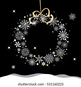 Christmas snowflake wreath greeting card vector illustration. Holiday xmas poster or postcard. Cool xmas holiday template.