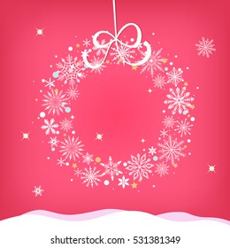 Christmas snowflake wreath greeting card vector illustration. Holiday xmas poster or postcard. Cool xmas holiday template.