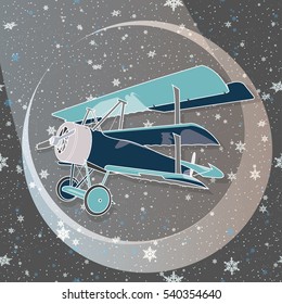 Christmas Snowflakes Background. Brightly colored retro classic biplane in flight. Design  with biplane and snowflakes.