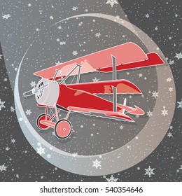 Christmas Snowflakes Background. Brightly colored retro classic biplane in flight. Design  with biplane and snowflakes.