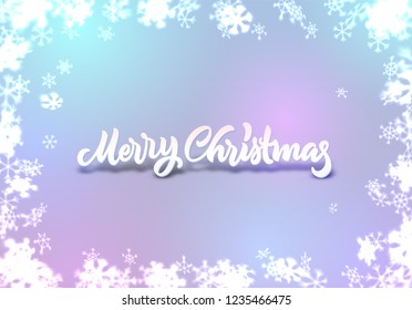 Christmas snowflakes background with falling winter snow made of blurred shiny snowflakes with lettering or calligraphic greeting text and ornament for invitation, xmas card or holiday poster