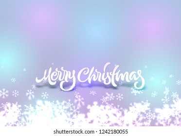 Christmas snowflakes background with falling winter snow made of blurred shiny snowflakes with lettering or calligraphic greeting text and ornament for invitation, xmas card or holiday poster