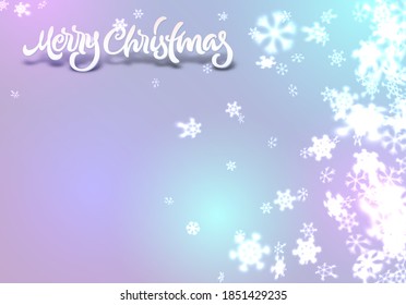 Fondo navideño de copas de nieve con caída de nieve en invierno hecho de brillantes copos de nieve borrosos con letras o texto caligráfico de saludo y adorno para invitación, tarjeta de Navidad o afiche de vacaciones