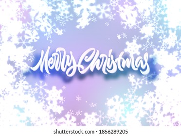 Christmas snowflakes background with falling winter snow made of blurred shiny snowflakes with lettering or calligraphic greeting text and ornament for invitation, xmas card or holiday poster