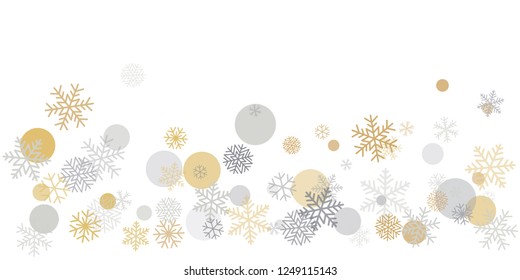 Christmas snowflakes background with place for text. Winter gold and silver snow minimal decoration on white, greeting card. New Year Holidays backdrop. Vector illustration