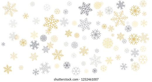 Las nevadas navideñas copan el fondo con lugar para el texto. El oro invernal y la nieve plateada mínima decoración en blanco, tarjeta de saludo. Fondo de vacaciones de Año Nuevo. Ilustración del vector