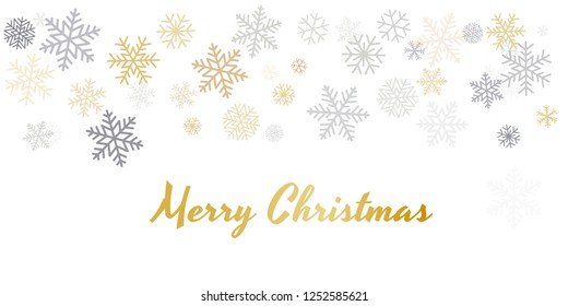 Christmas snowflakes background with place for text. Winter gold and silver snow minimal decoration on white, greeting card. New Year Holidays backdrop. Vector illustration