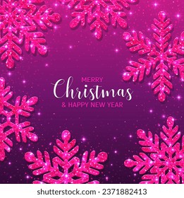 Christmas snowflakes background. Christmas poster with shiny pink snowflakes on a pink background.