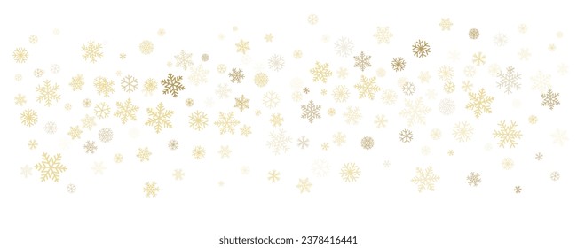 Christmas snowflakes background. Winter gold snow falling minimal decoration, greeting card. Noel subtle backdrop. Vector illustration