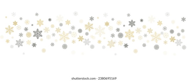 Christmas snowflakes background. Winter gold snow falling minimal decoration, greeting card. Noel subtle backdrop. Vector illustration