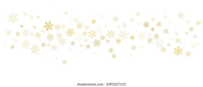 Christmas snowflakes background. Winter gold snow falling minimal decoration, greeting card. Noel subtle backdrop. Vector illustration