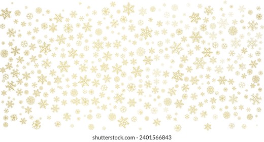 Christmas snowflakes background. Winter gold snow falling minimal decoration, greeting card. Noel subtle backdrop. Vector illustration