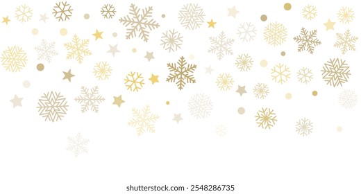 Christmas snowflakes background. Winter gold snow falling minimal decoration, greeting card. Noel subtle backdrop. Vector illustration