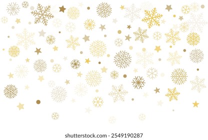 Christmas snowflakes background. Winter gold snow falling minimal decoration, greeting card. Noel subtle backdrop. Vector illustration